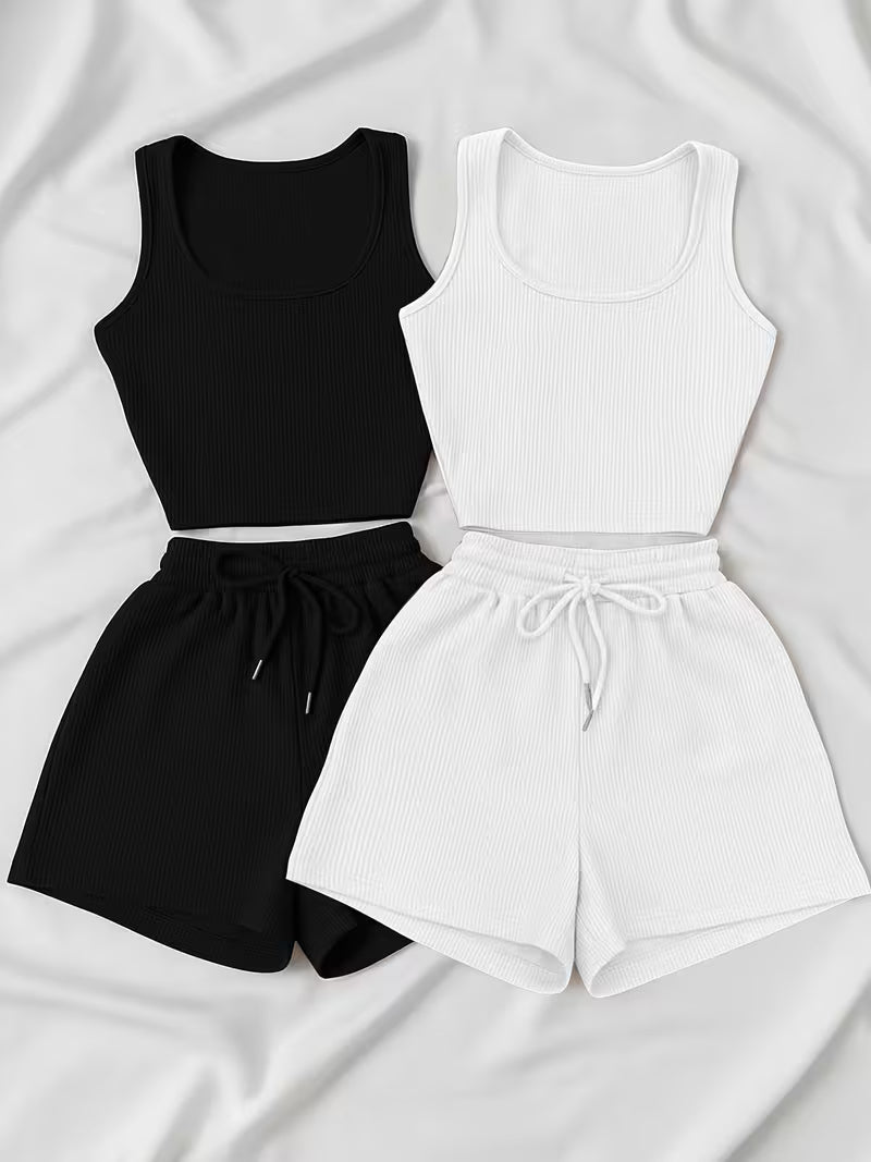 Low-saturation Brown and White Ribbed Sleeveless Crop Top with Drawstring Shorts, Casual 2pcs Set.
