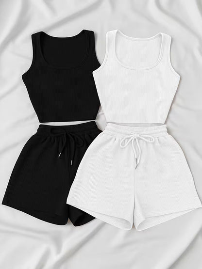 Low-saturation Brown and White Ribbed Sleeveless Crop Top with Drawstring Shorts, Casual 2pcs Set.