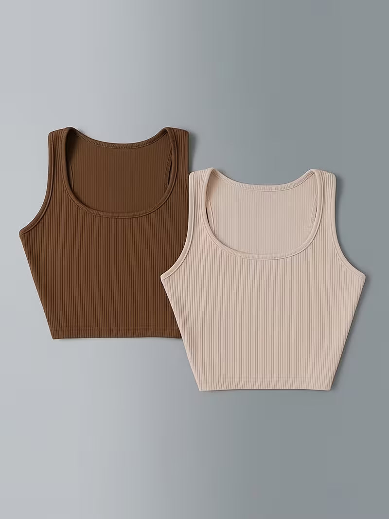 Low-saturation Brown and White Ribbed Sleeveless Crop Top with Drawstring Shorts, Casual 2pcs Set.