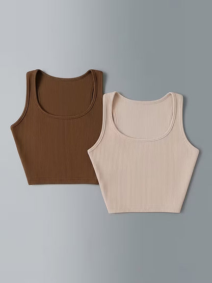 Low-saturation Brown and White Ribbed Sleeveless Crop Top with Drawstring Shorts, Casual 2pcs Set.