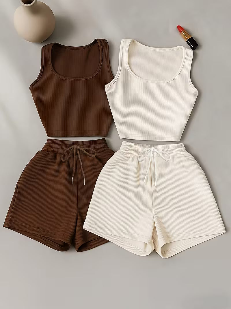 Low-saturation Brown and White Ribbed Sleeveless Crop Top with Drawstring Shorts, Casual 2pcs Set.