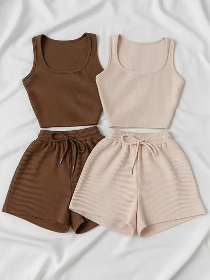 Low-saturation Brown and White Ribbed Sleeveless Crop Top with Drawstring Shorts, Casual 2pcs Set.