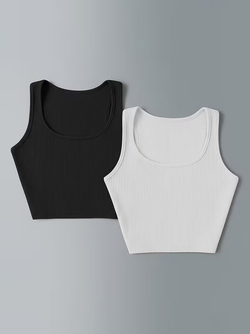 Low-saturation Brown and White Ribbed Sleeveless Crop Top with Drawstring Shorts, Casual 2pcs Set.