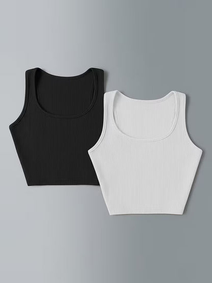 Low-saturation Brown and White Ribbed Sleeveless Crop Top with Drawstring Shorts, Casual 2pcs Set.